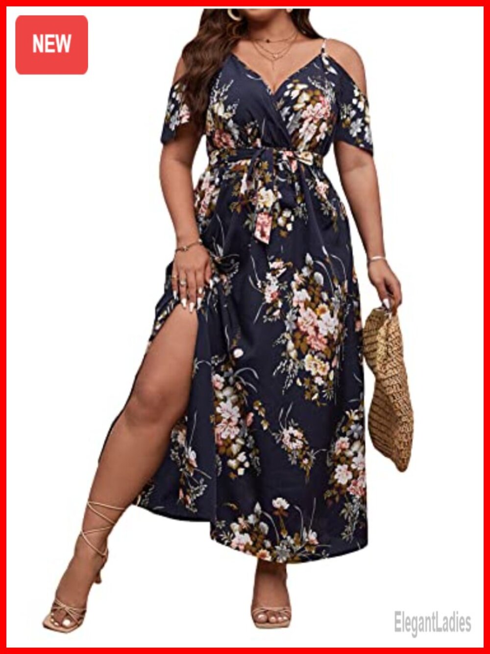Plus Size Cold Shoulder Floral Maxi Dress Split Thigh Belted